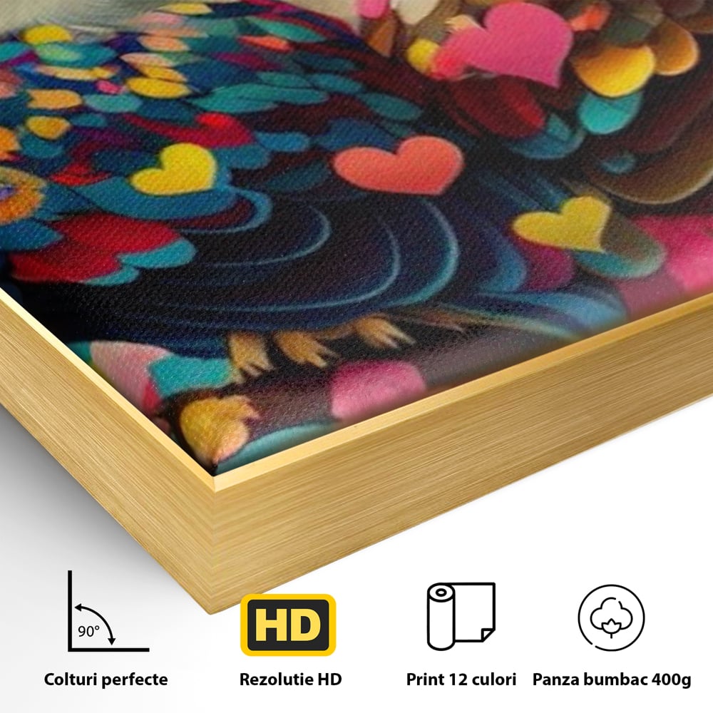 Detaliu al suprafetei: tablou canvas cu doua bufnite colorate si inimi, in rama de aluminiu auriu
